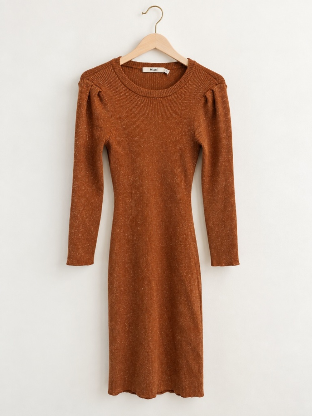 Mi Ami Metallic Shimmer Knit Mini Dress Puff Sleeve Orange S